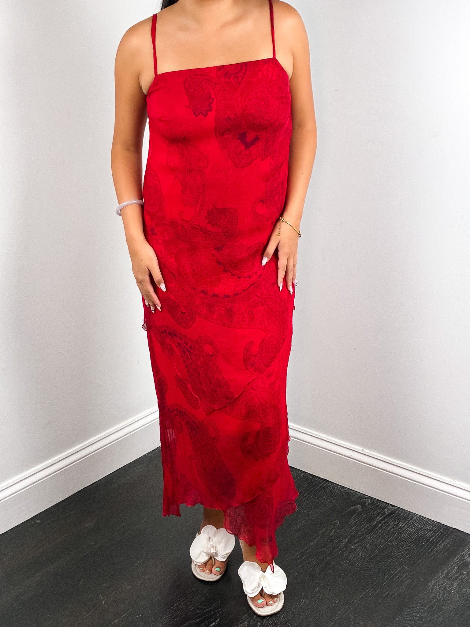 Marella 2000s Red Paisley Print Chiffon Maxi Slip Dress - S