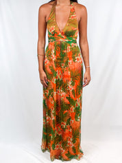 Sue Wong 2000s Orange Tropical Floral Silk Halter Maxi Dress - XS