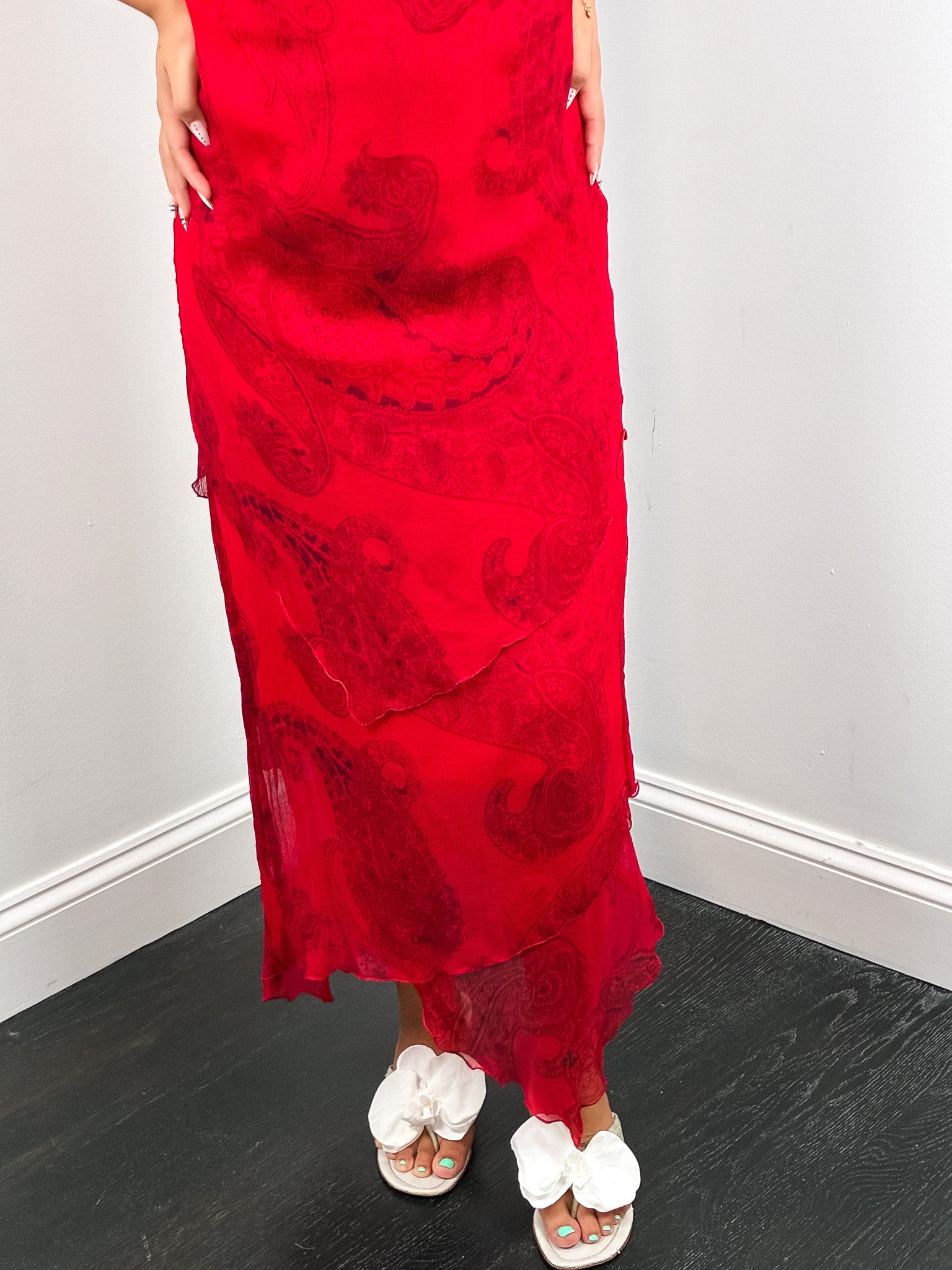 Marella 2000s Red Paisley Print Chiffon Maxi Slip Dress - S