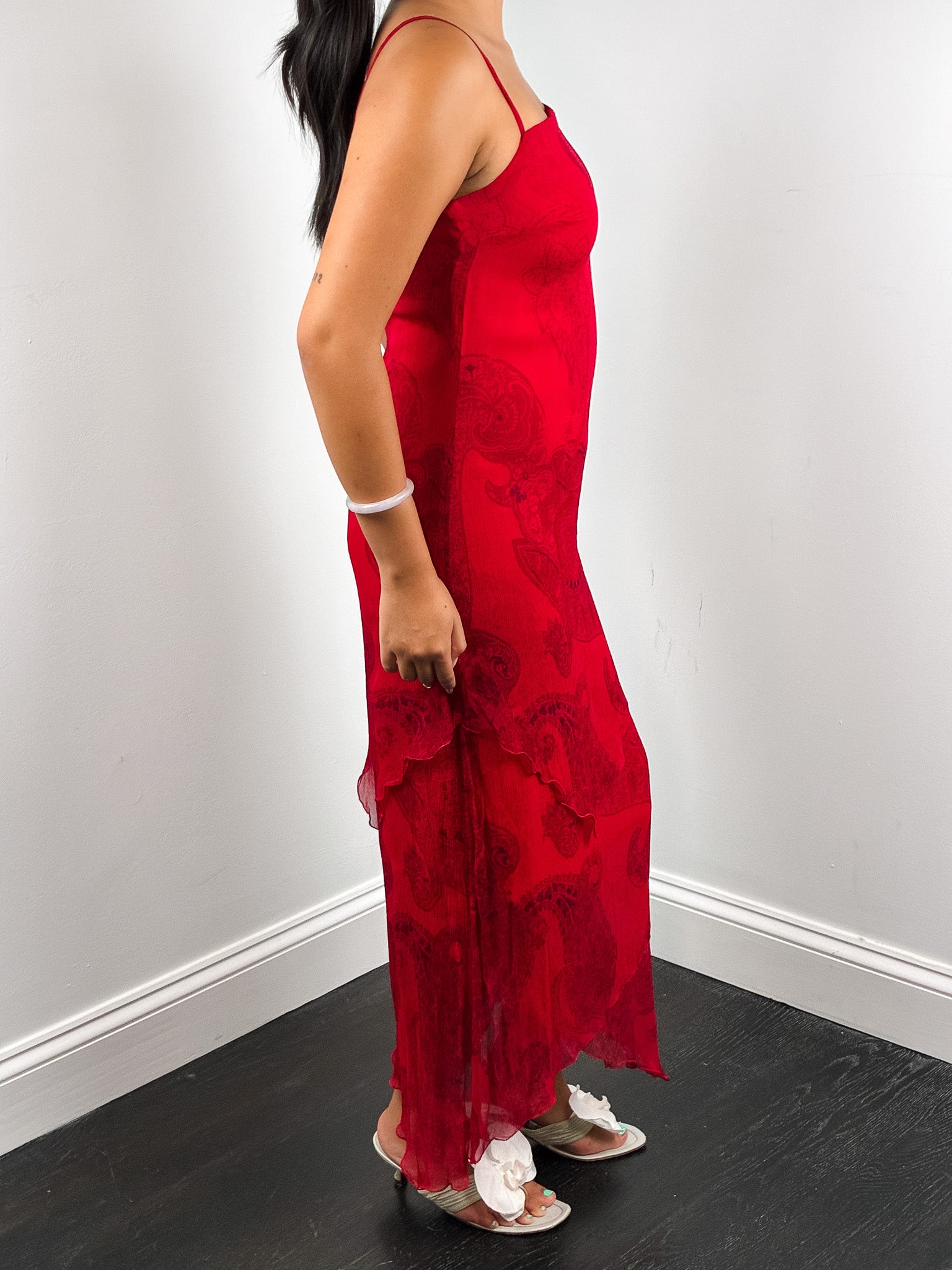 Marella 2000s Red Paisley Print Chiffon Maxi Slip Dress - S