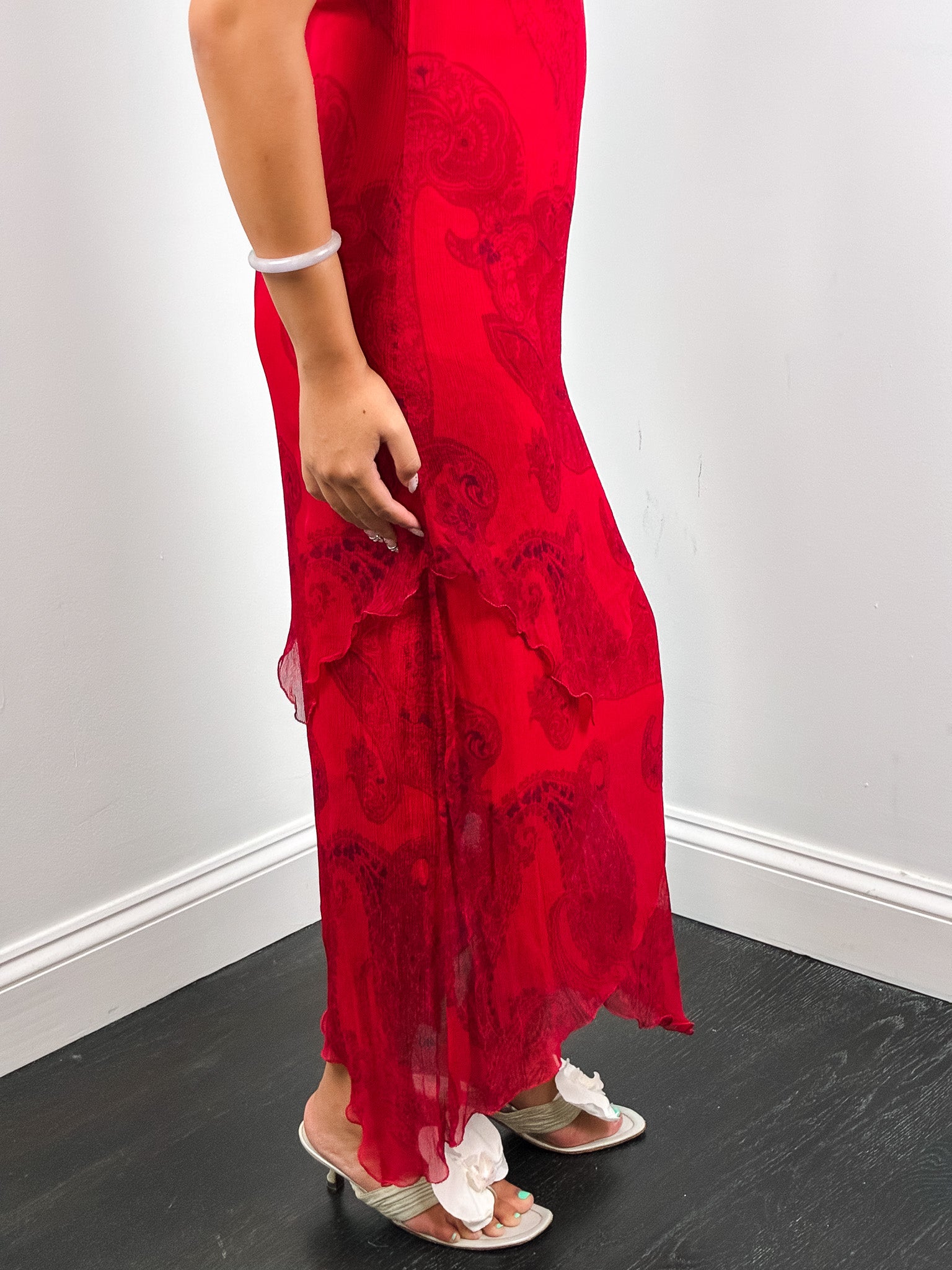 Marella 2000s Red Paisley Print Chiffon Maxi Slip Dress - S