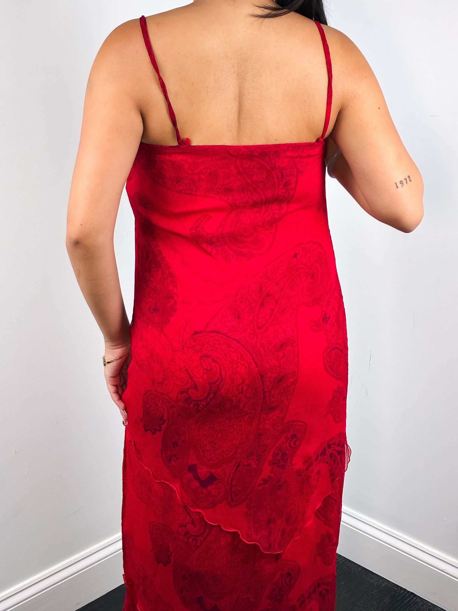 Marella 2000s Red Paisley Print Chiffon Maxi Slip Dress - S