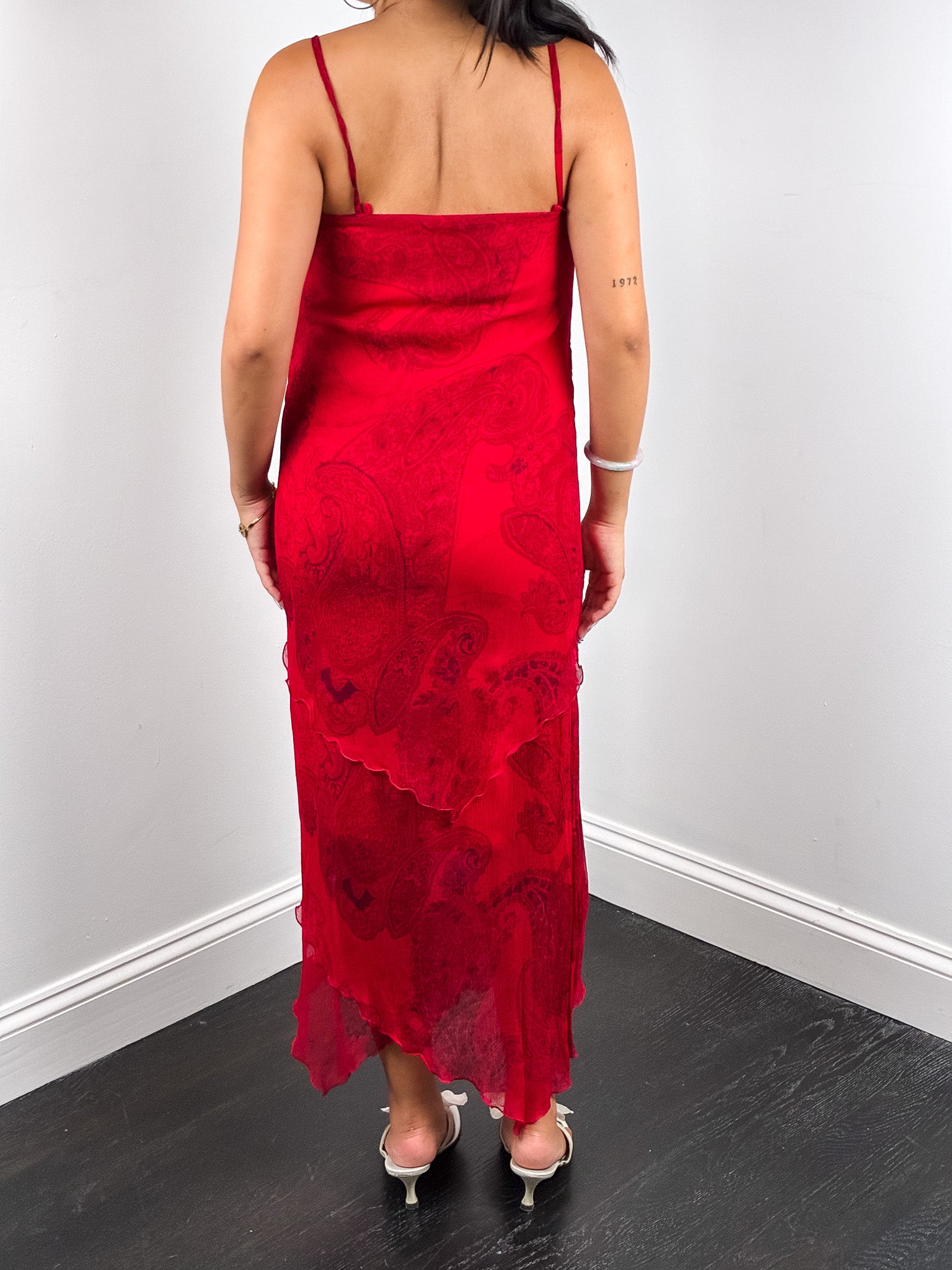 Marella 2000s Red Paisley Print Chiffon Maxi Slip Dress - S