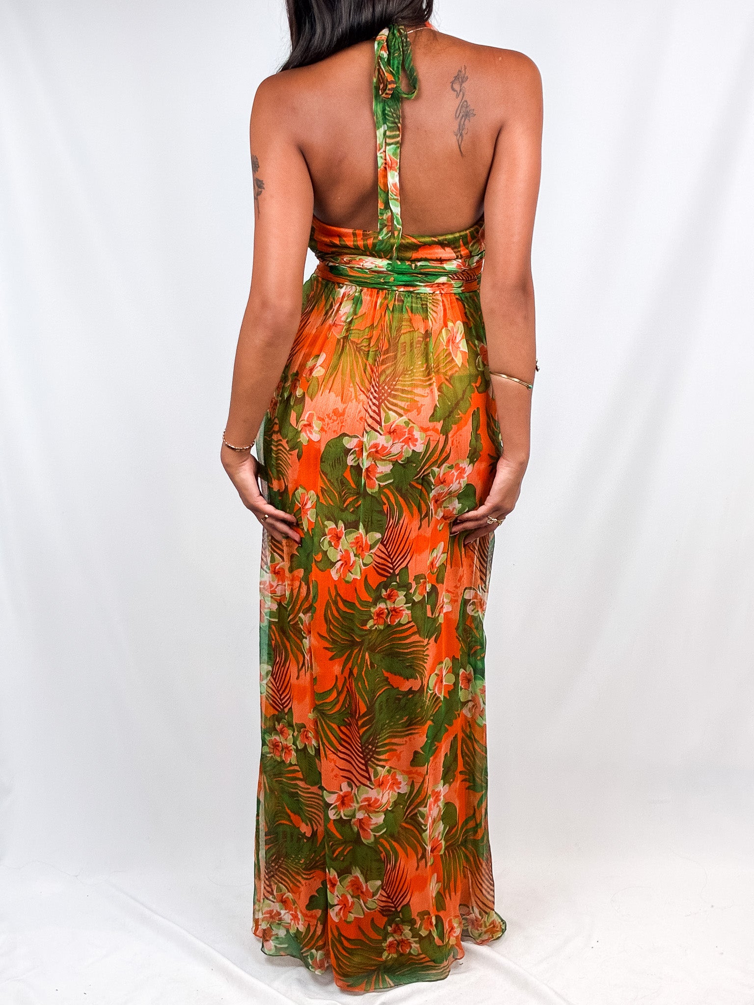 Sue Wong 2000s Orange Tropical Floral Silk Halter Maxi Dress - XS