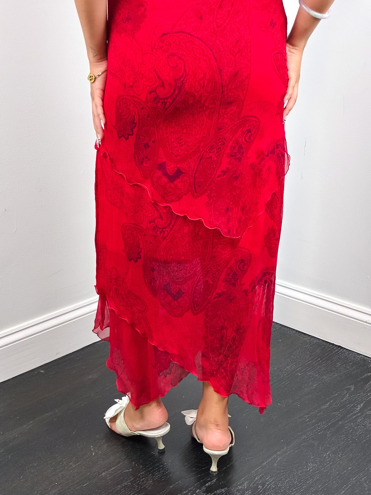 Marella 2000s Red Paisley Print Chiffon Maxi Slip Dress - S