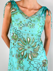 Cortefiel 2000s Turquoise Floral Sequin Ruffle Hem Midi Dress - S