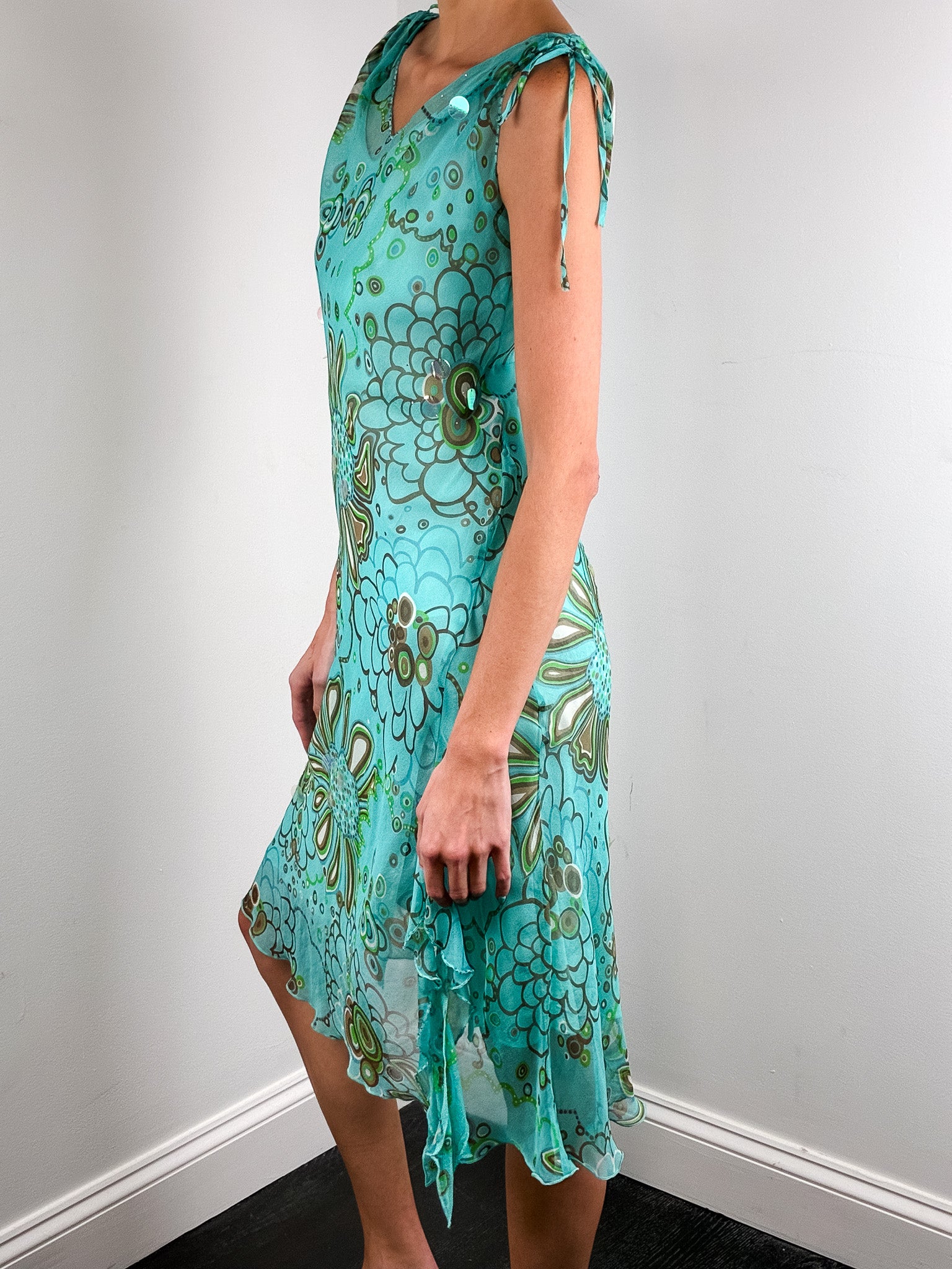 Cortefiel 2000s Turquoise Floral Sequin Ruffle Hem Midi Dress - S