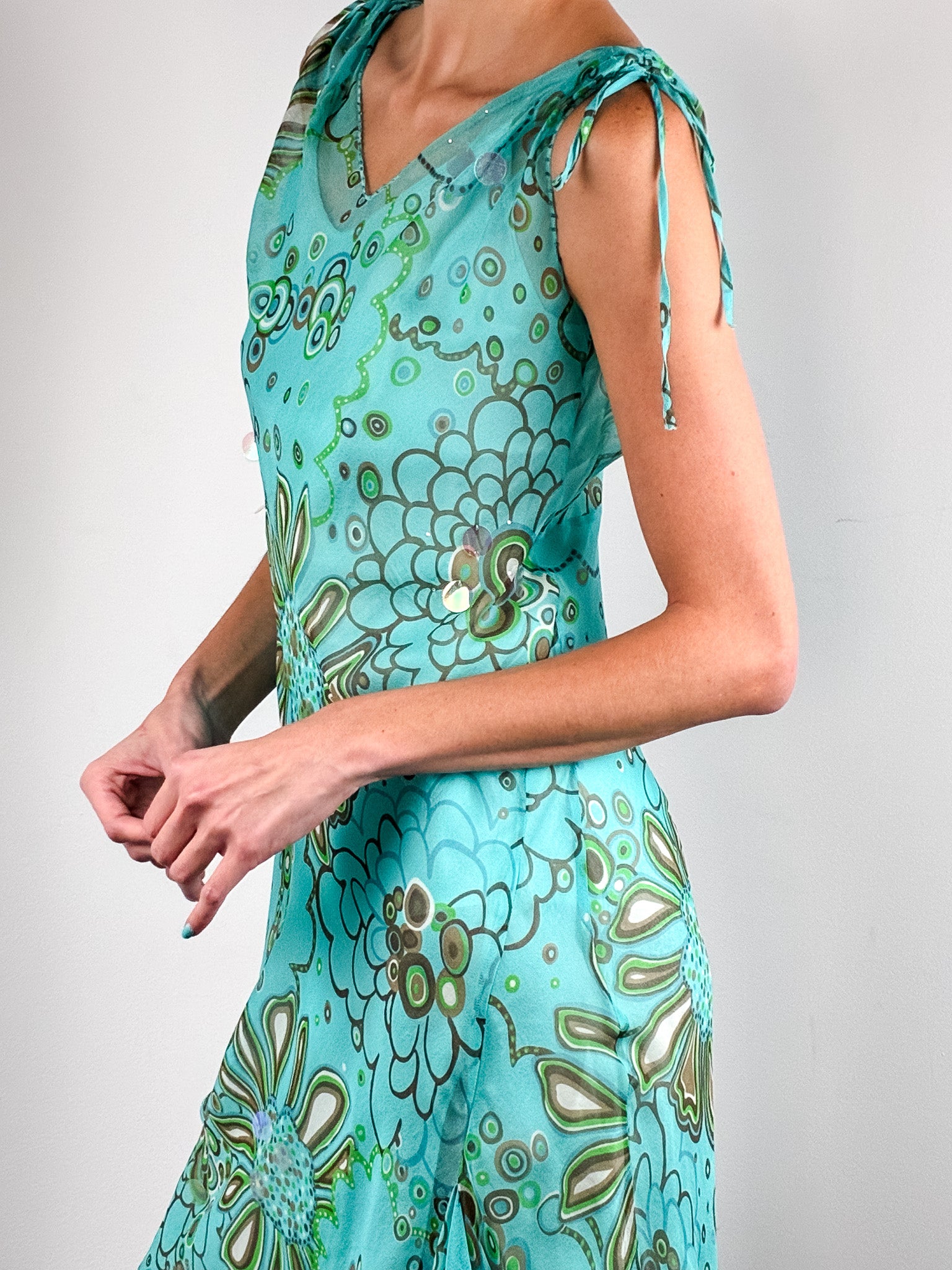 Cortefiel 2000s Turquoise Floral Sequin Ruffle Hem Midi Dress - S