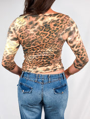 Roccobarocco 2000s Metallic Leopard Print Lace-Up Top - S