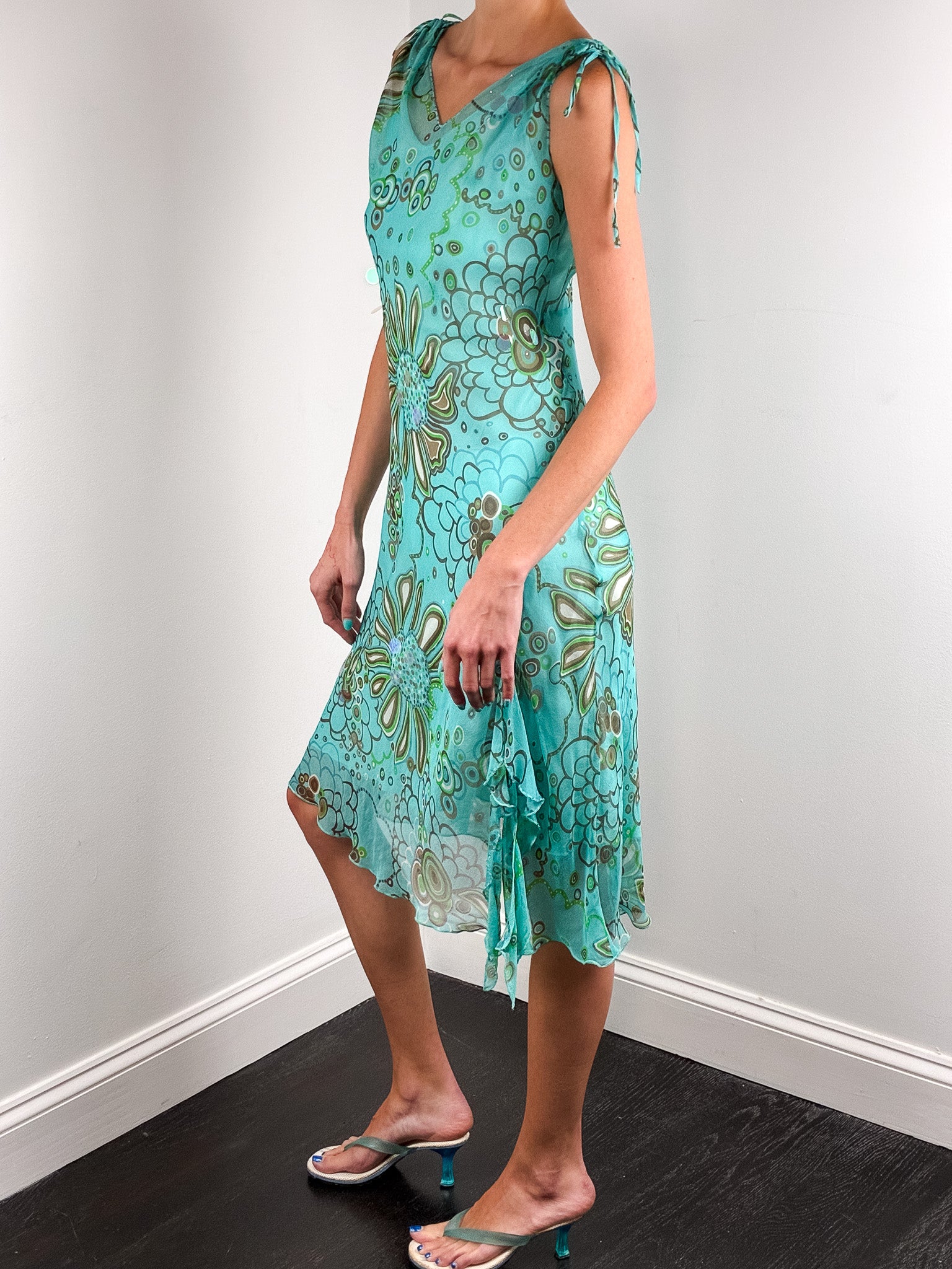 Cortefiel 2000s Turquoise Floral Sequin Ruffle Hem Midi Dress - S