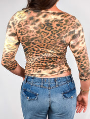 Roccobarocco 2000s Metallic Leopard Print Lace-Up Top - S