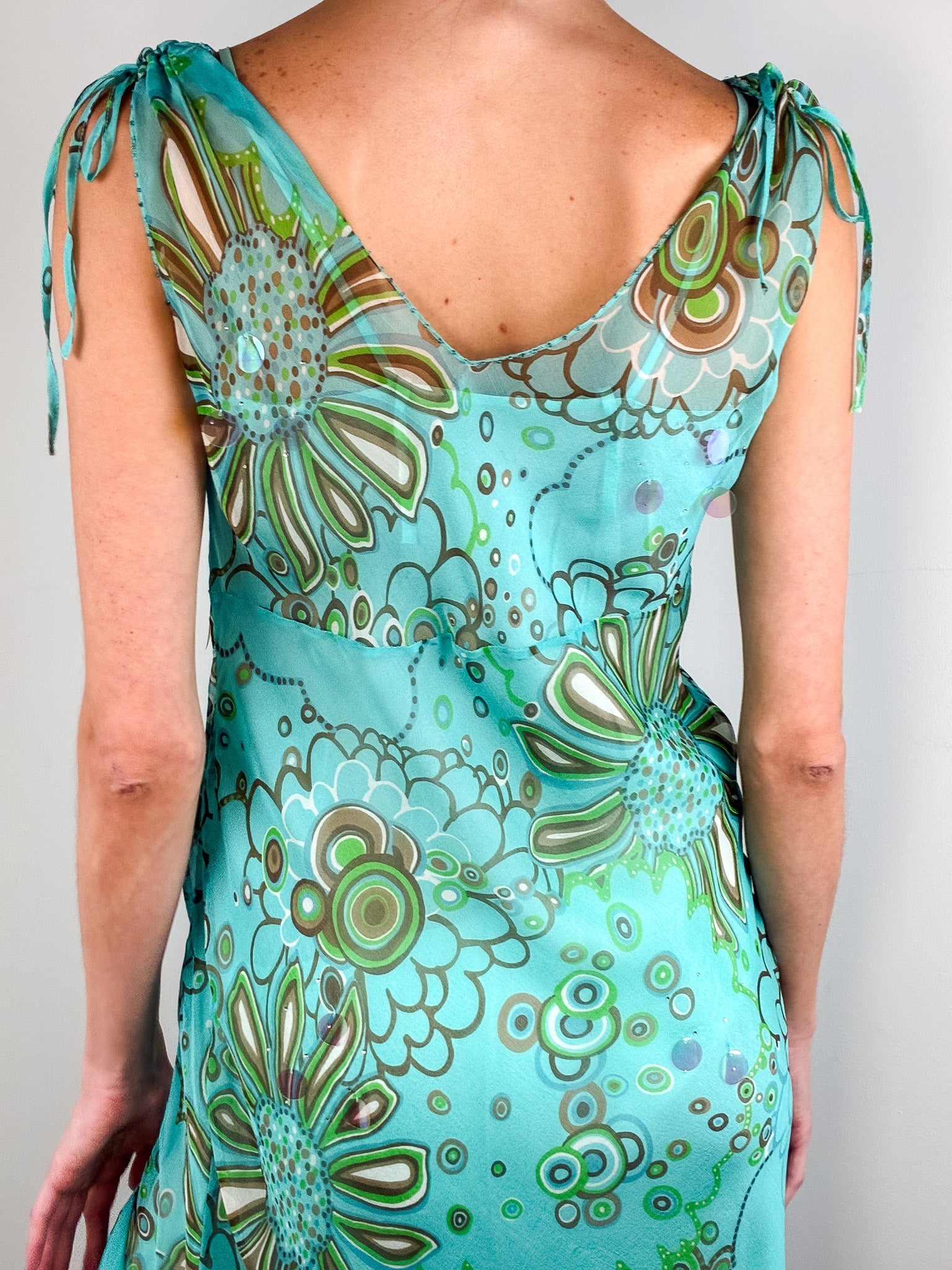 Cortefiel 2000s Turquoise Floral Sequin Ruffle Hem Midi Dress - S