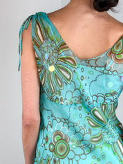 Cortefiel 2000s Turquoise Floral Sequin Ruffle Hem Midi Dress - S