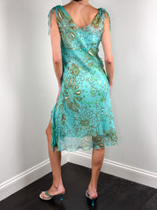 Cortefiel 2000s Turquoise Floral Sequin Ruffle Hem Midi Dress - S