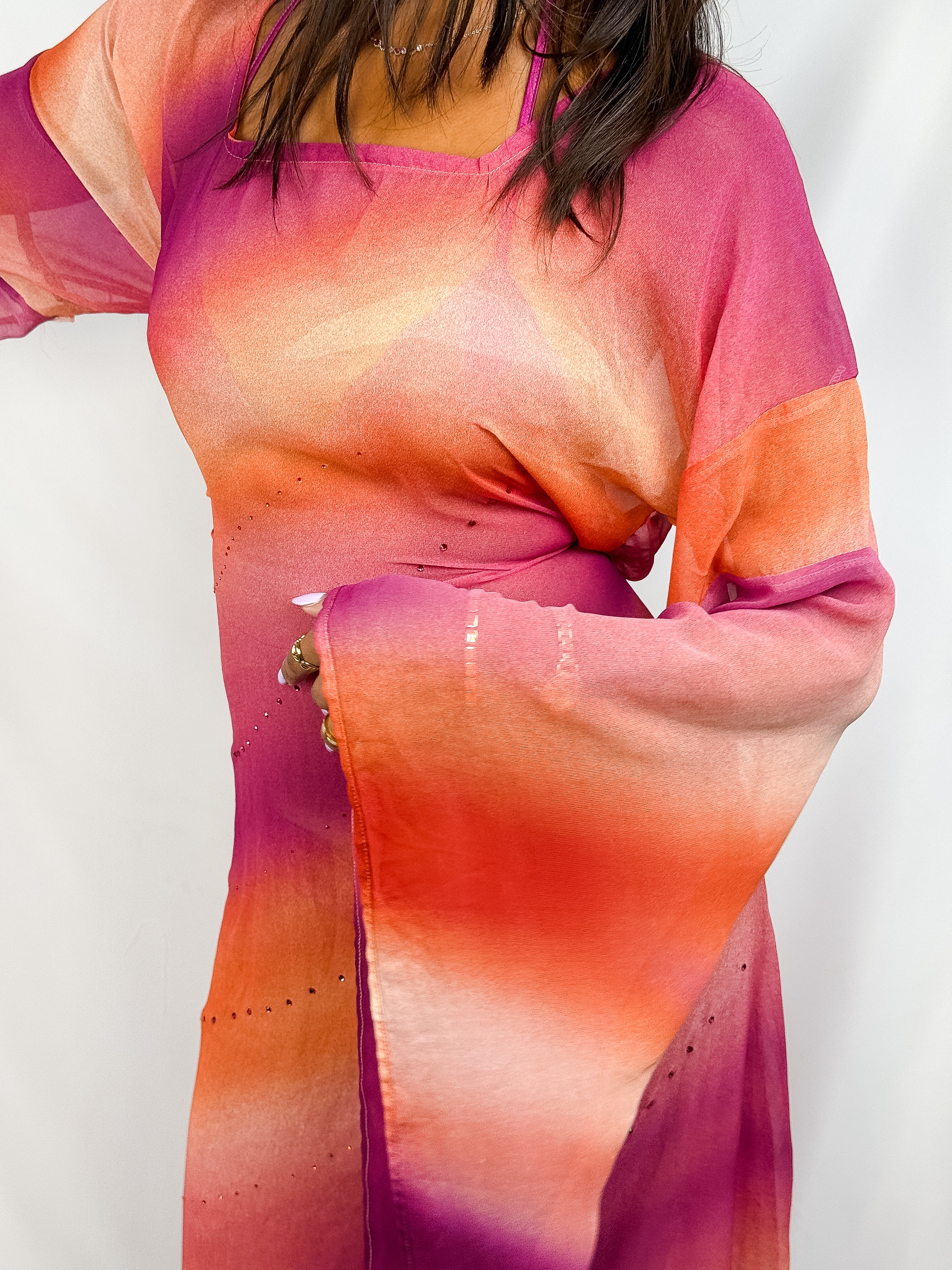 2000s Pink & Orange Sunset Ombré Angel Sleeve Maxi Dress - XS-M