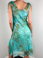 Cortefiel 2000s Turquoise Floral Sequin Ruffle Hem Midi Dress - S