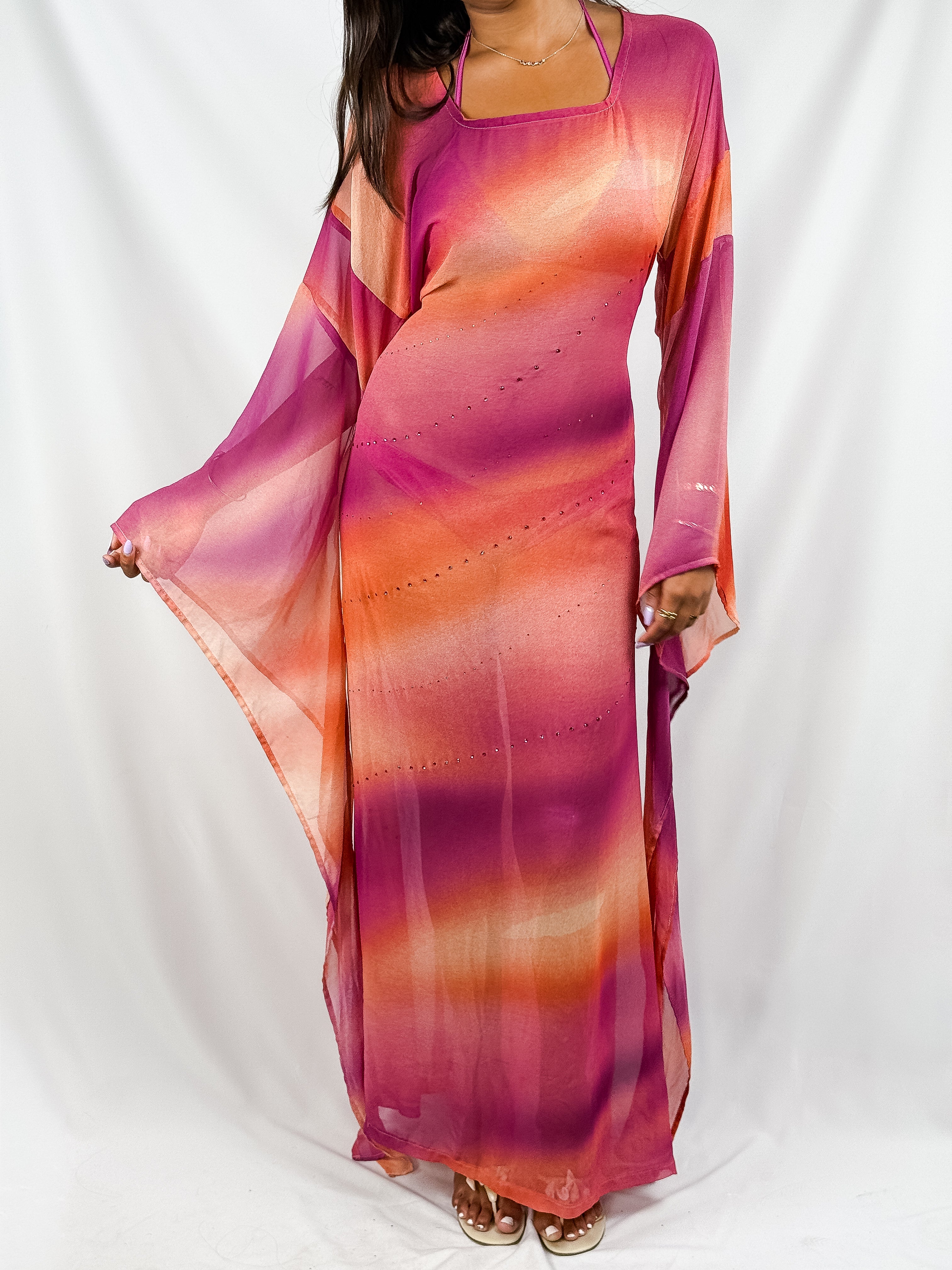 2000s Pink & Orange Sunset Ombré Angel Sleeve Maxi Dress - XS-M