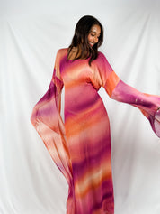 2000s Pink & Orange Sunset Ombré Angel Sleeve Maxi Dress - XS-M