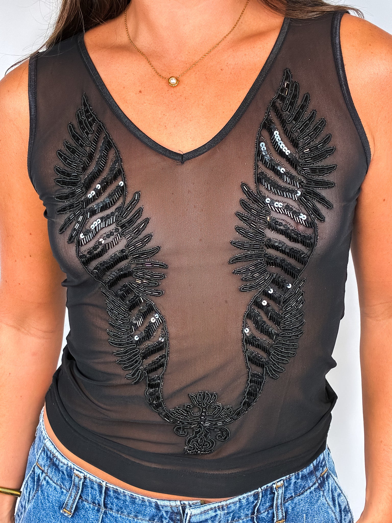 Phard 2000s Black Beaded Mesh Tank Top - S/M