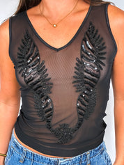 Phard 2000s Black Beaded Mesh Tank Top - S/M
