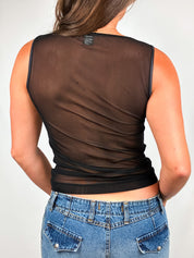 Phard 2000s Black Beaded Mesh Tank Top - S/M