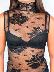 2000s Black Floral Lace Mock-Neck Top - S