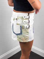 2000s White Camo Patchwork Cargo Mini Skirt with Buckle Straps - S/M