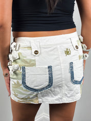 2000s White Camo Patchwork Cargo Mini Skirt with Buckle Straps - S/M
