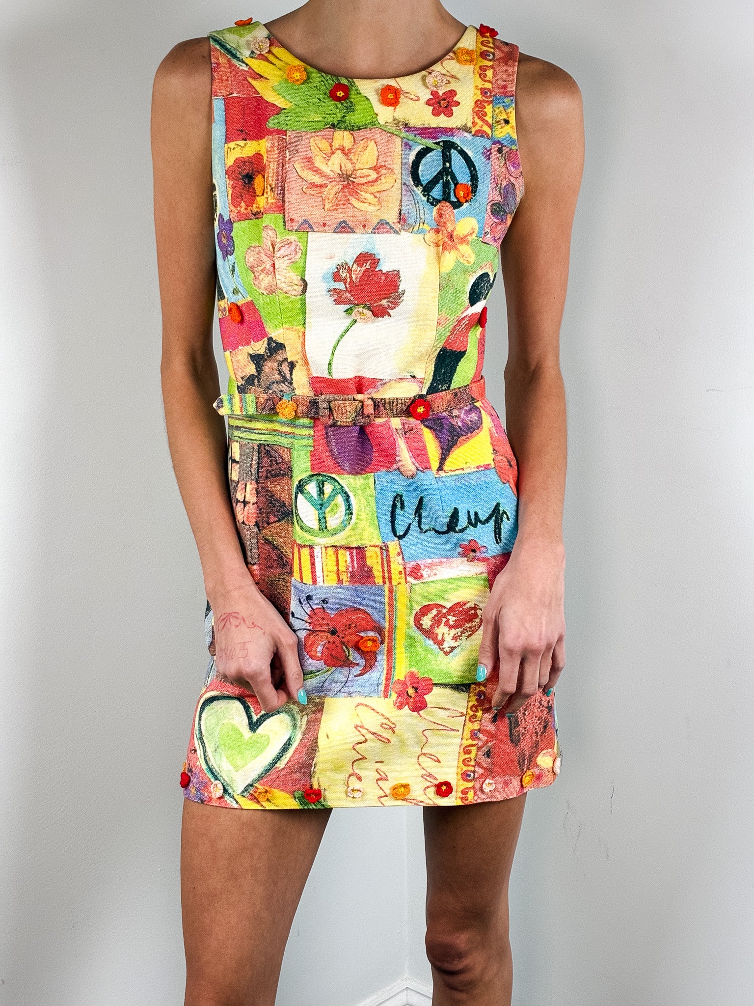 Moschino Cheap and Chic 2000s Patchwork Collage Print Flower Appliqué Mini Dress - XS/S