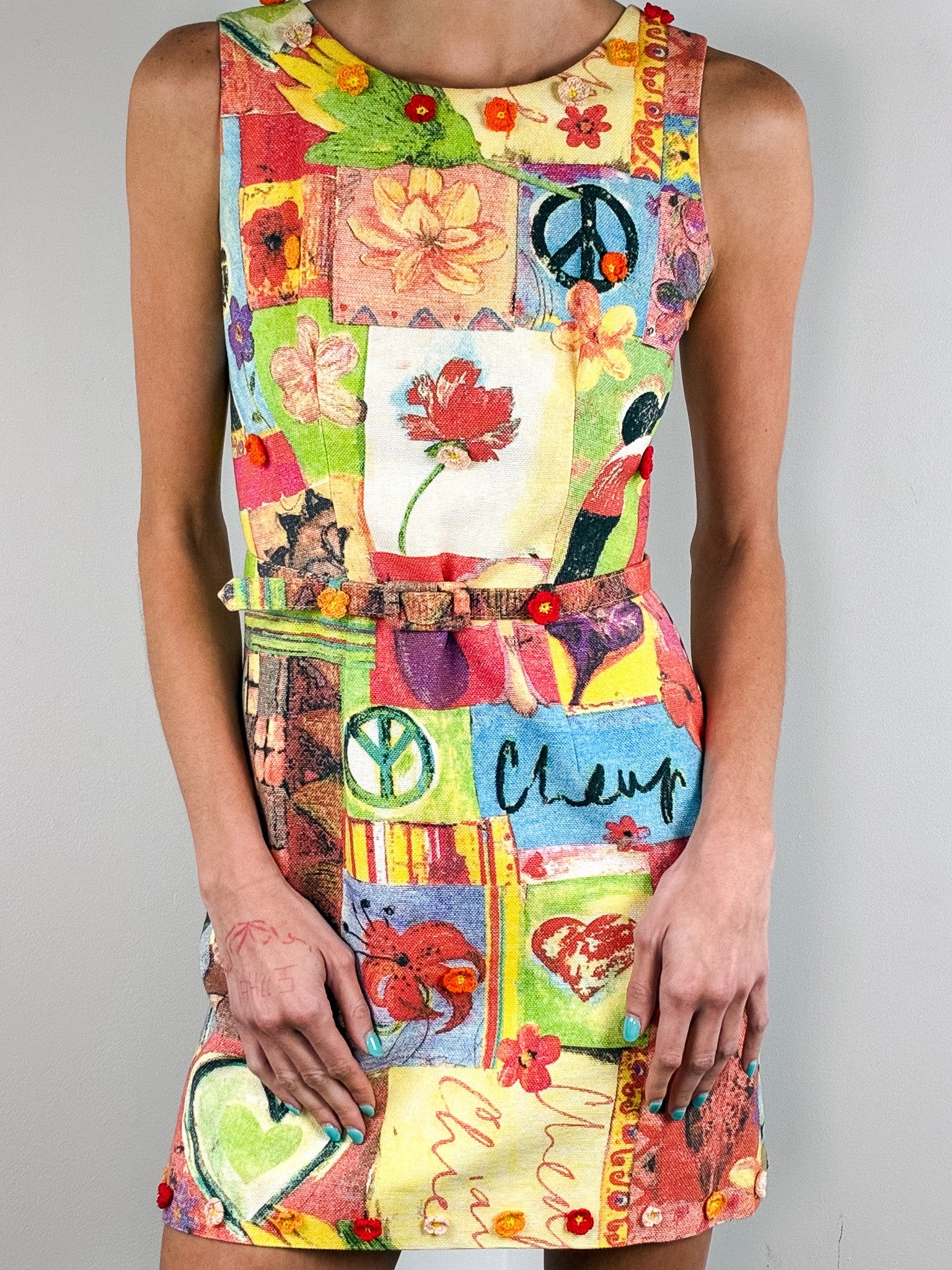Moschino Cheap and Chic 2000s Patchwork Collage Print Flower Appliqué Mini Dress - XS/S