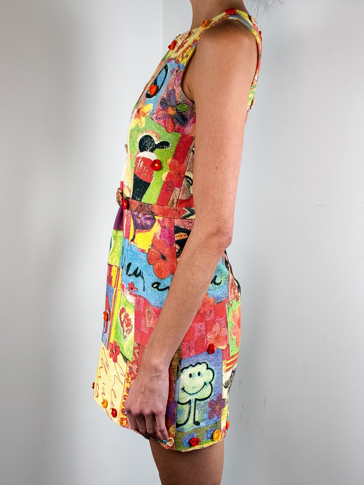 Moschino Cheap and Chic 2000s Patchwork Collage Print Flower Appliqué Mini Dress - XS/S