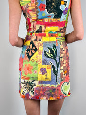 Moschino Cheap and Chic 2000s Patchwork Collage Print Flower Appliqué Mini Dress - XS/S