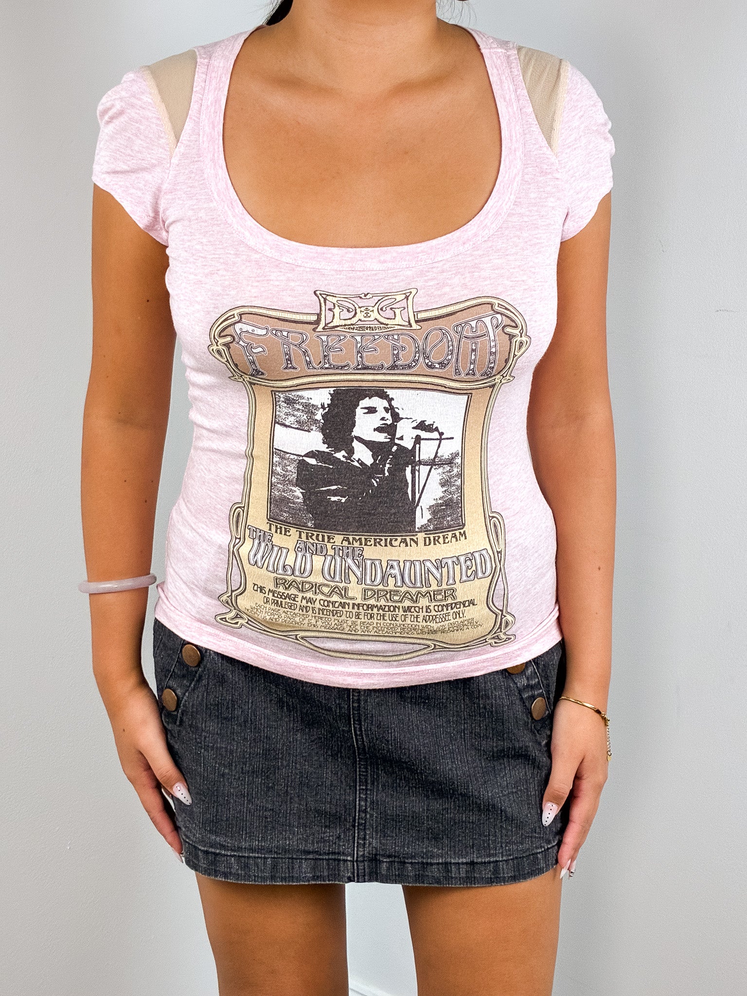 D&G 2000s Pink Marl "Freedom" Concert Poster Graphic Tee - XS-M