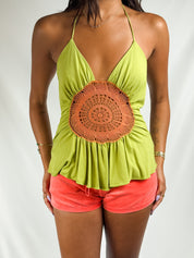 Ingwa Melero 2000s Lime Green & Orange Crochet Halter Top - XS/S