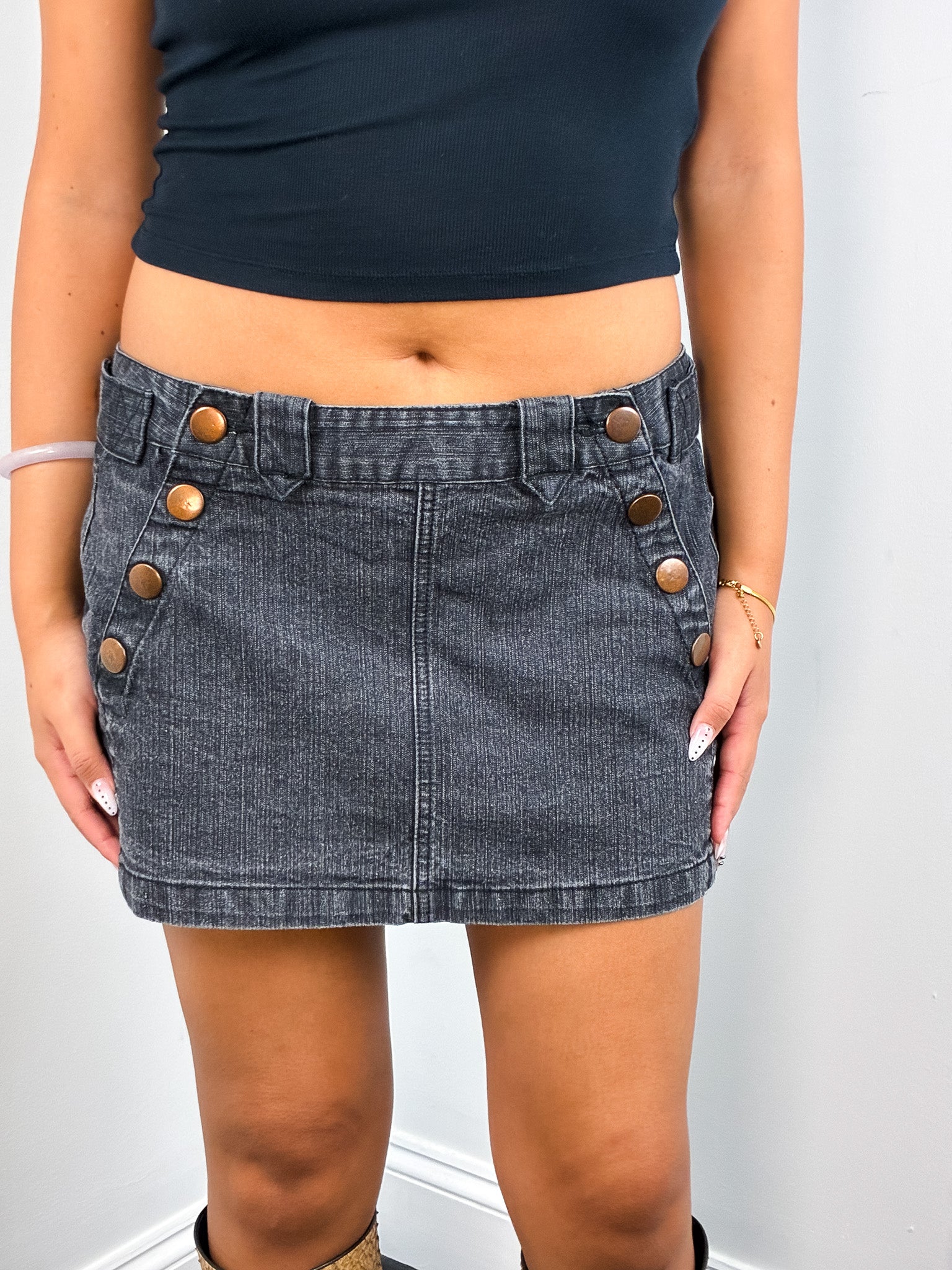 2000s Washed Black Sailor Button Low Rise Denim Mini Skirt - M/L