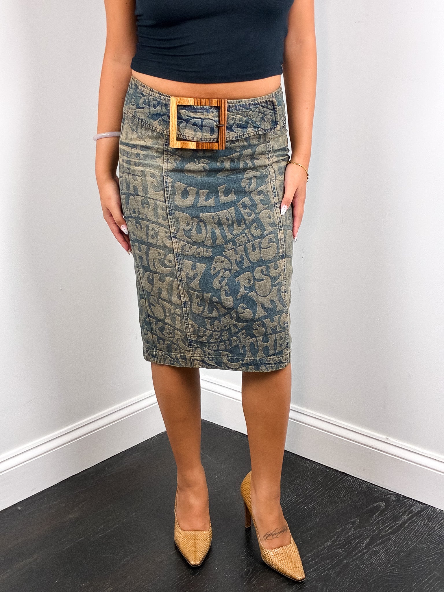 Miss Sixty Luxury 2000s Psychedelic Print Denim Pencil Skirt - S/M