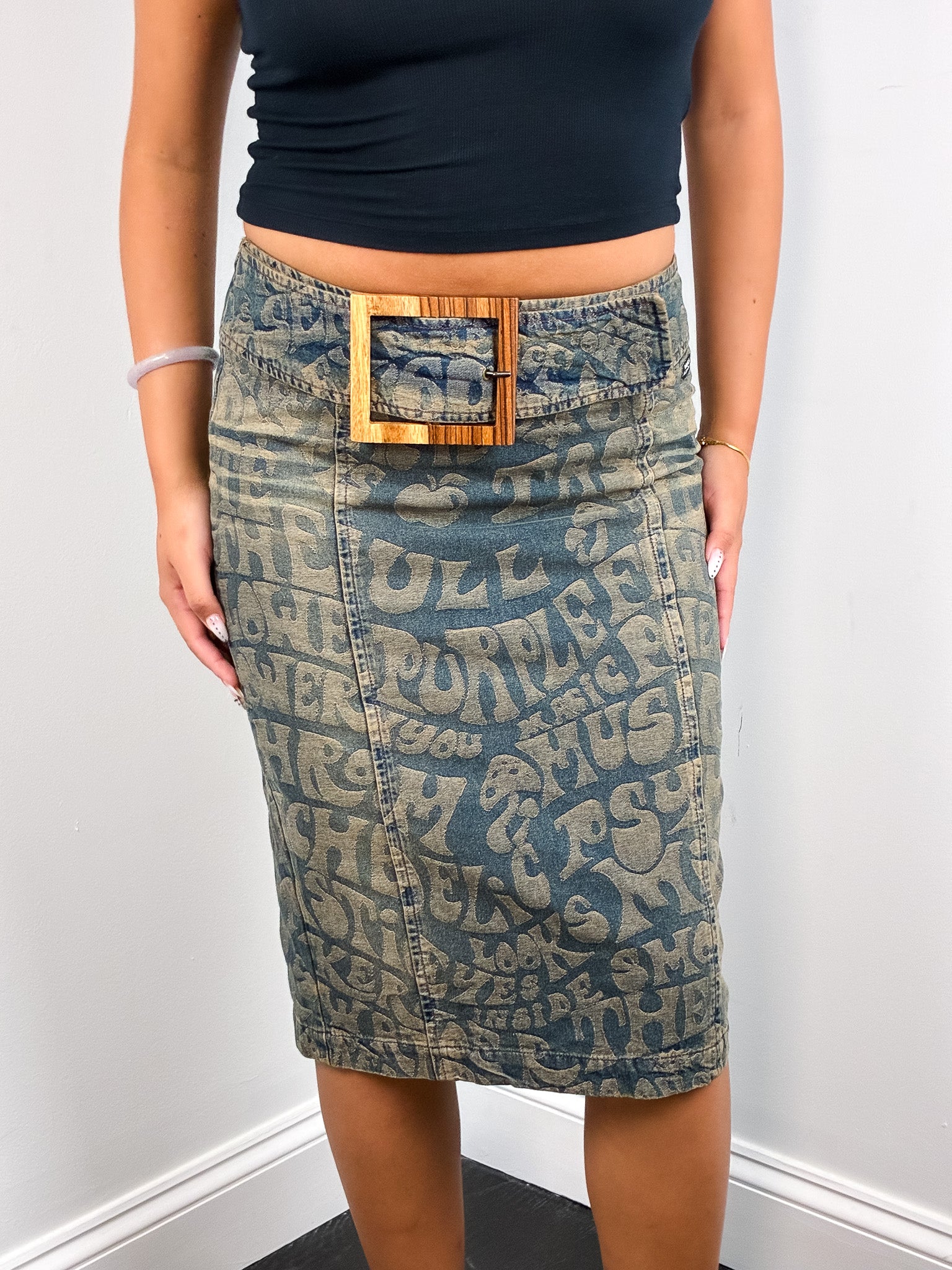 Miss Sixty Luxury 2000s Psychedelic Print Denim Pencil Skirt - S/M