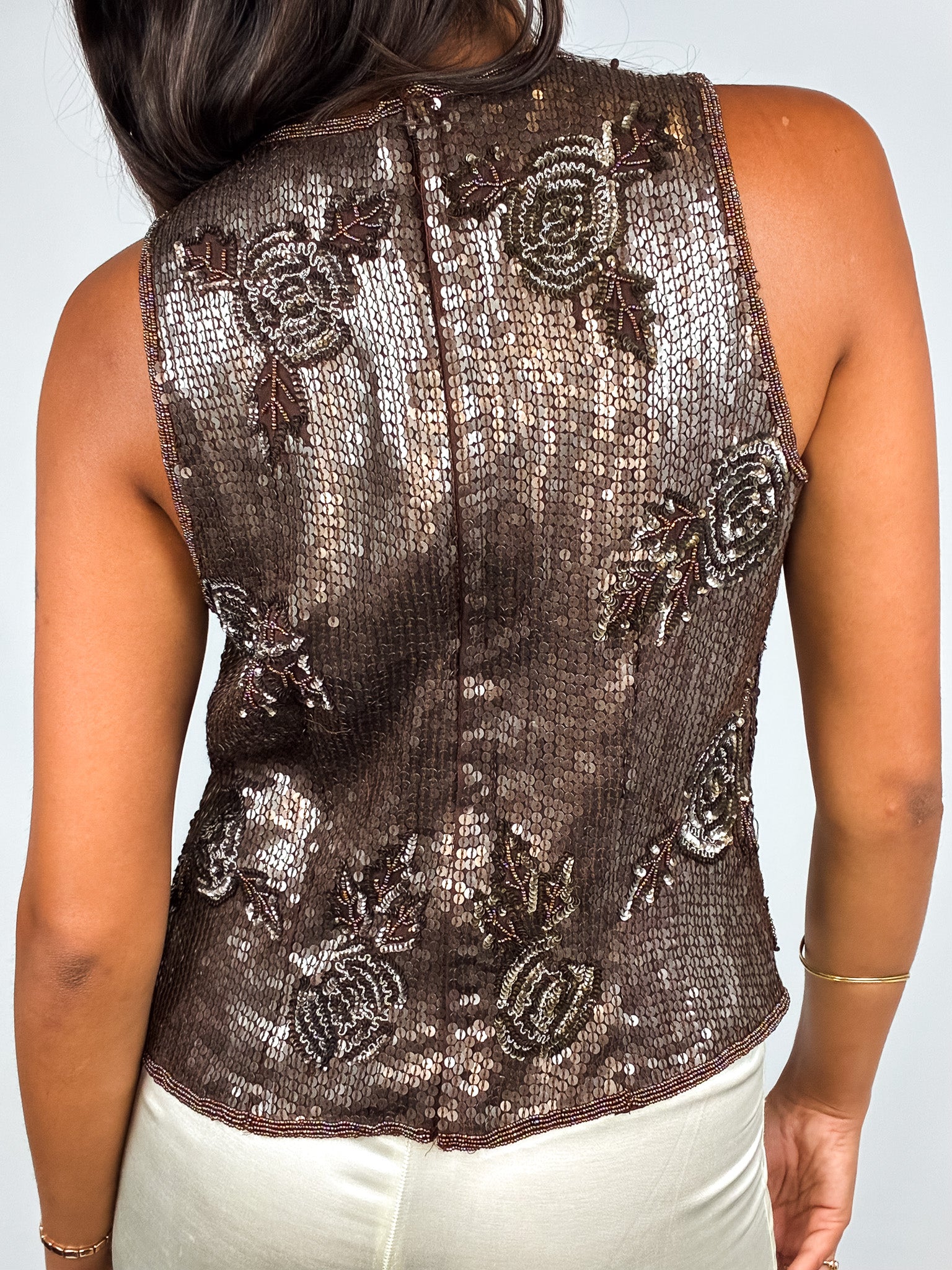 2000s Brown Sequin Beaded Rose Tank - S/M