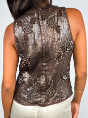 2000s Brown Sequin Beaded Rose Tank - S/M
