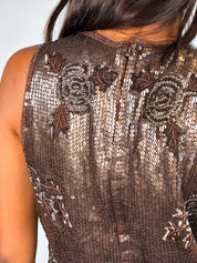 2000s Brown Sequin Beaded Rose Tank - S/M