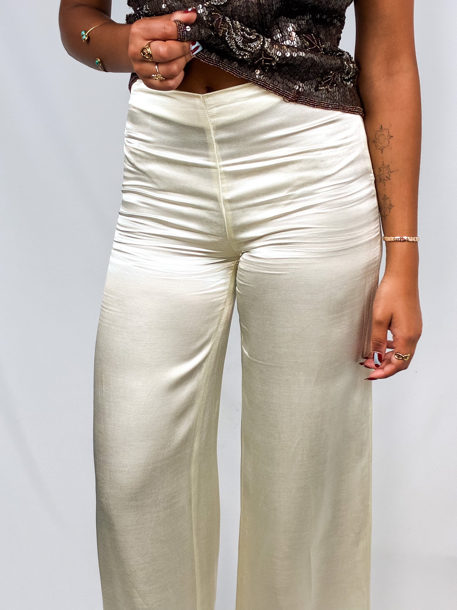 Please 2000s Champagne Satin High-Waisted Wide-Leg Pants - XS