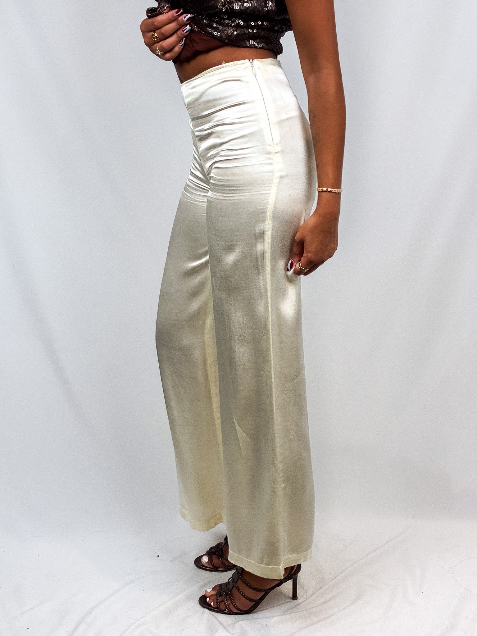 Please 2000s Champagne Satin High-Waisted Wide-Leg Pants - XS