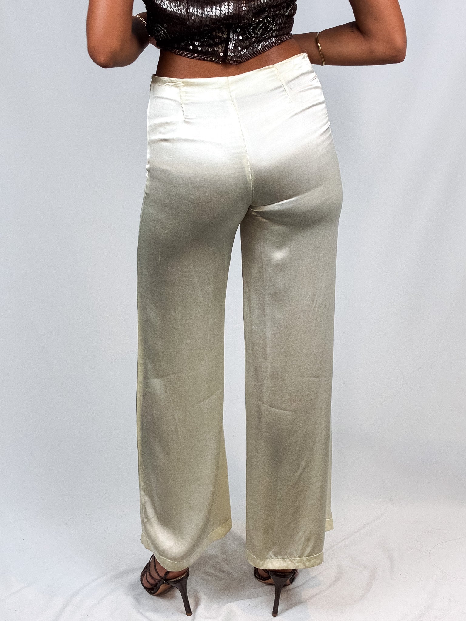 Please 2000s Champagne Satin High-Waisted Wide-Leg Pants - XS