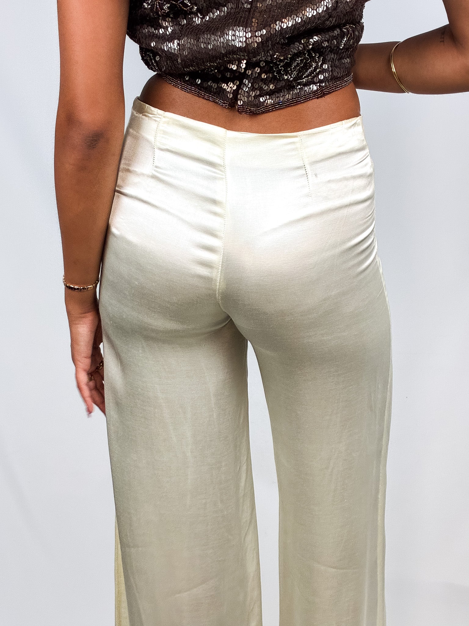 Please 2000s Champagne Satin High-Waisted Wide-Leg Pants - XS