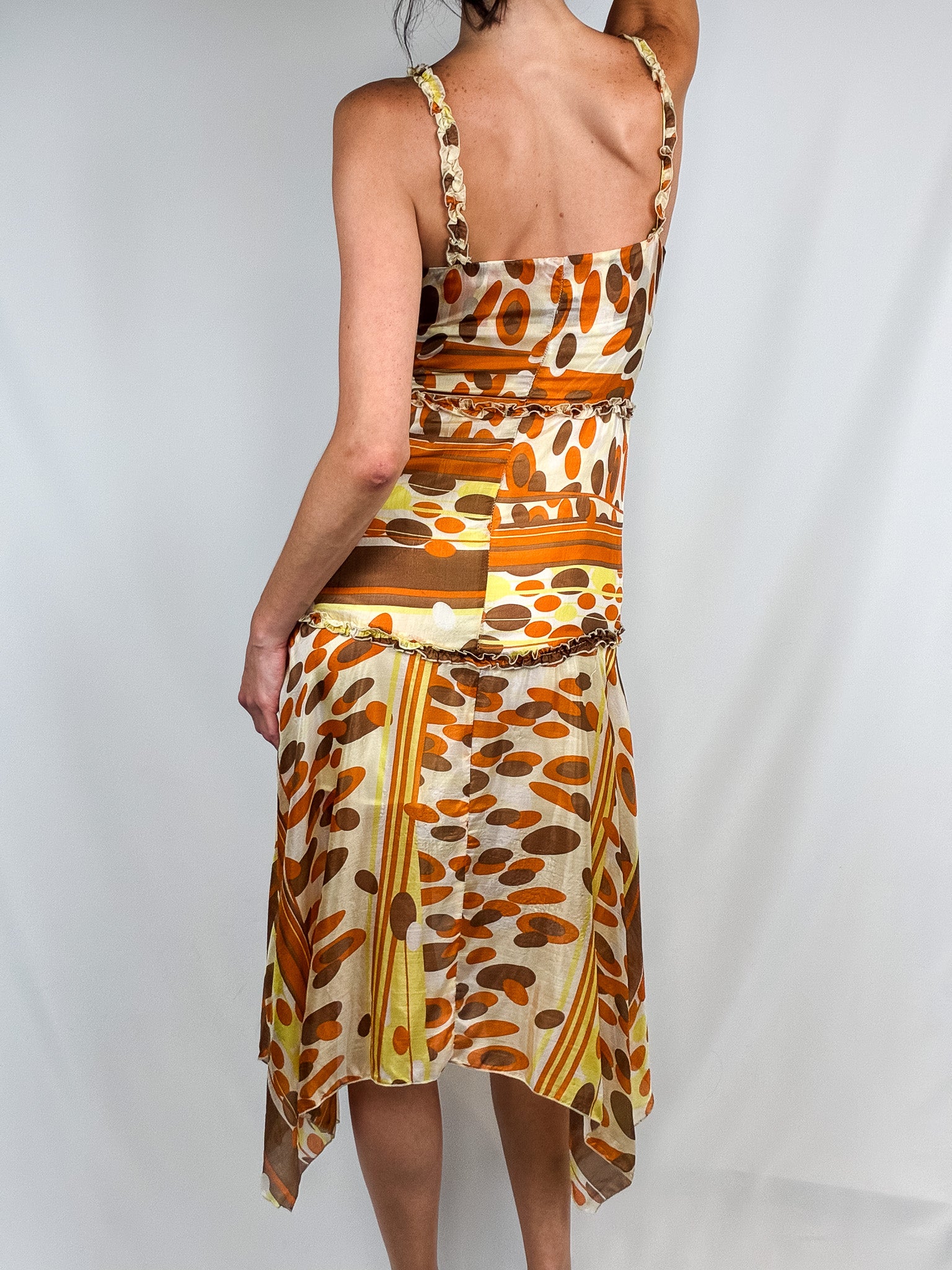 Miss Honey 2000s Orange Geometric Ruffle Handkerchief Slip Dress - XS
