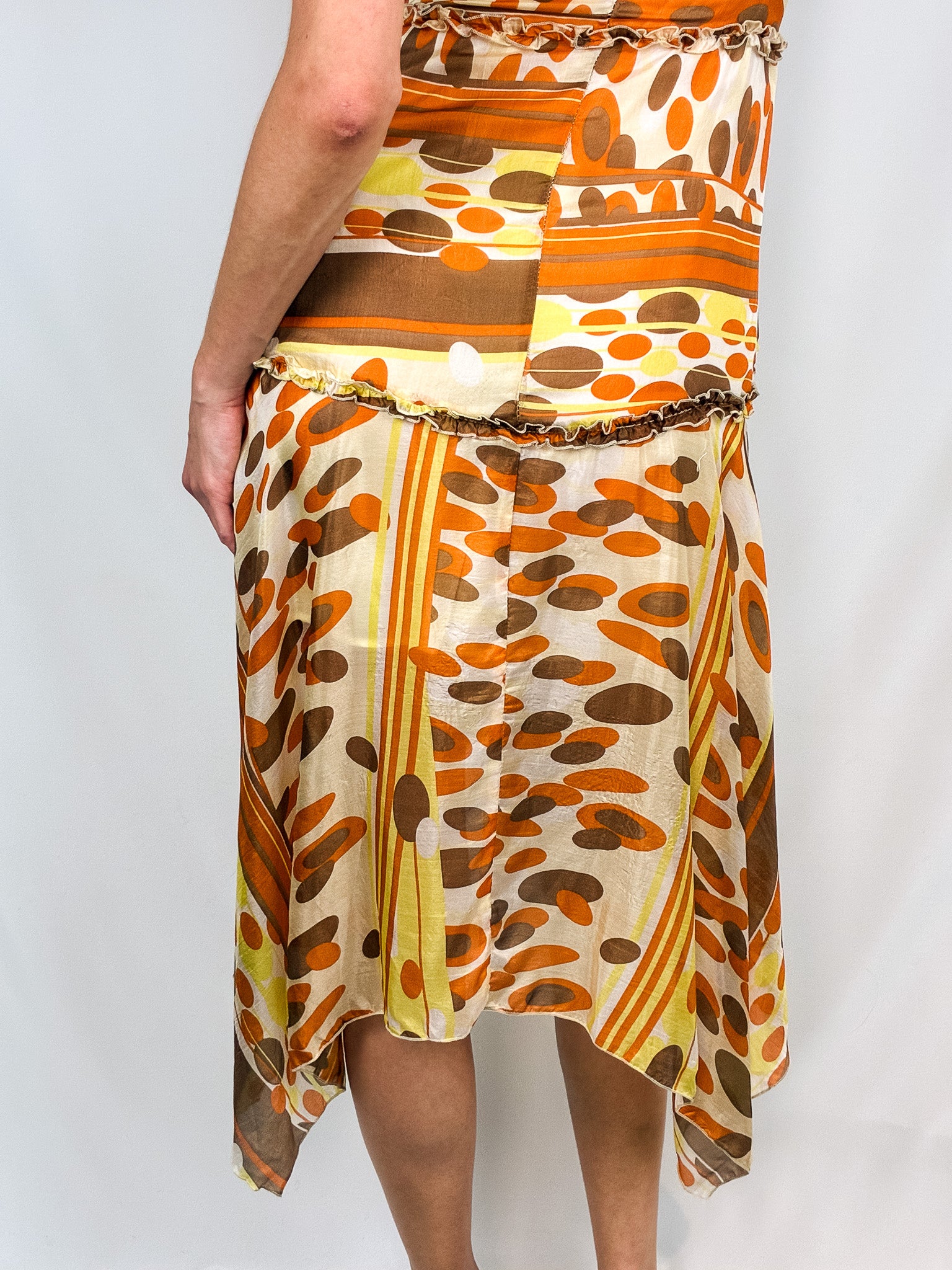 Miss Honey 2000s Orange Geometric Ruffle Handkerchief Slip Dress - XS