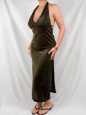 Victoria's Secret 2000s Gold Metallic Lurex Halter Maxi Dress - S