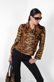 Les Copains 1990s Tiger Print Faux Fur Double Breasted Cropped Jacket - S - As Is