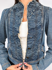 Plein Sud Jeans 2000s Blue Ruched Frayed-Edge Denim Jacket - S/M