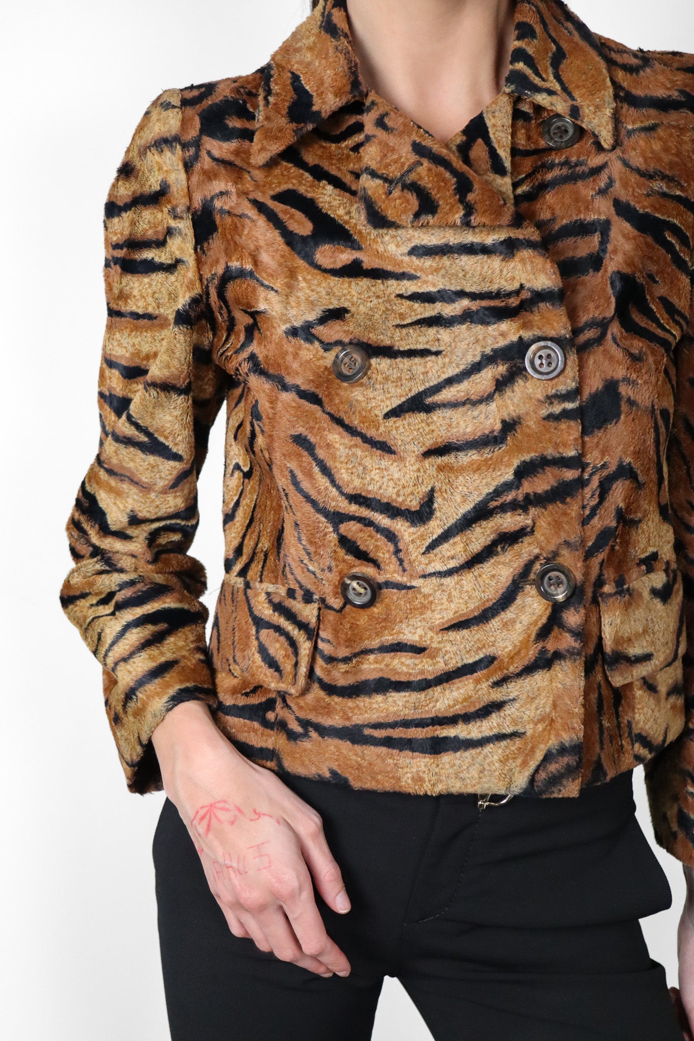 Les Copains 1990s Tiger Print Faux Fur Double Breasted Cropped Jacket - S - As Is